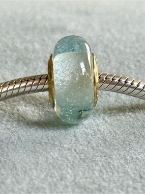 Ice blue  Glass Charm with gold core fit Pandora bracelets